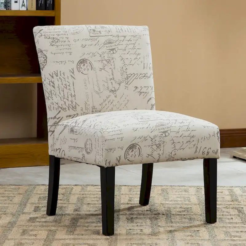 Armless Accent Chair with French Script Fabric and Espresso Wood Legs
