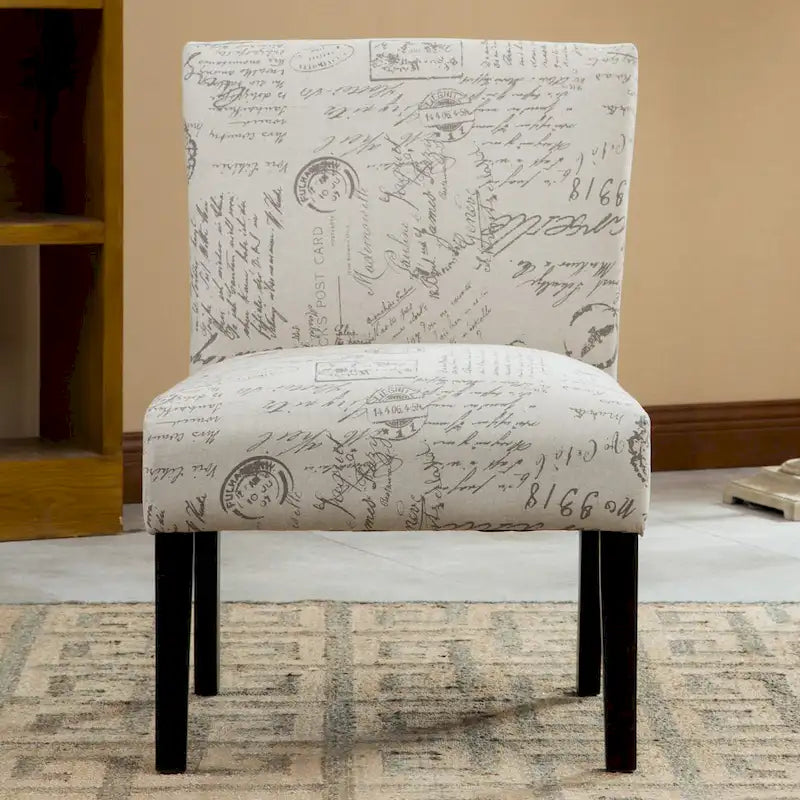 Armless Accent Chair with French Script Fabric and Espresso Wood Legs