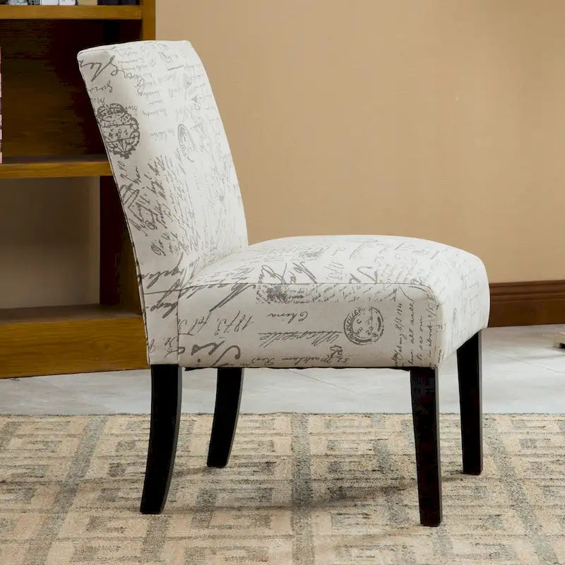 Armless Accent Chair with French Script Fabric and Espresso Wood Legs
