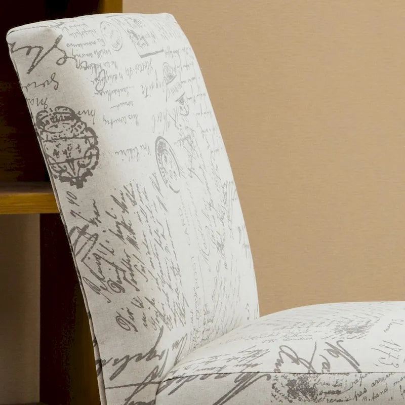 Armless Accent Chair with French Script Fabric and Espresso Wood Legs