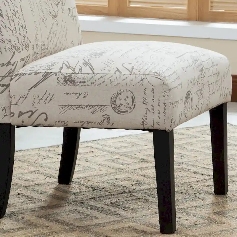 Armless Accent Chair with French Script Fabric and Espresso Wood Legs