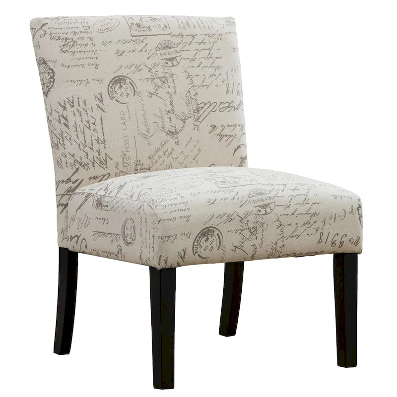 Armless Accent Chair with French Script Fabric and Espresso Wood Legs