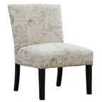 Armless Accent Chair with French Script Fabric and Espresso Wood Legs