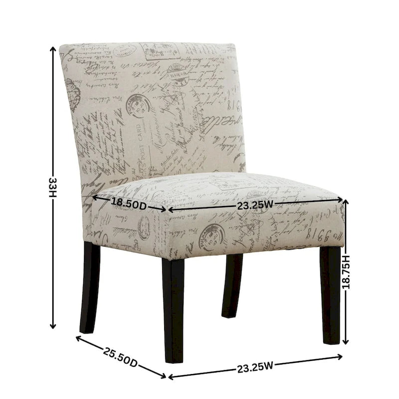 Armless Accent Chair with French Script Fabric and Espresso Wood Legs