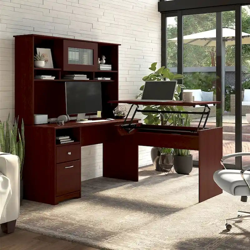 60 L-Shaped Sit-to-Stand Desk with Hutch and File Drawer