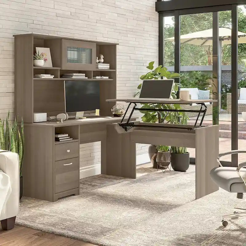 60 L-Shaped Sit-to-Stand Desk with Hutch and File Drawer