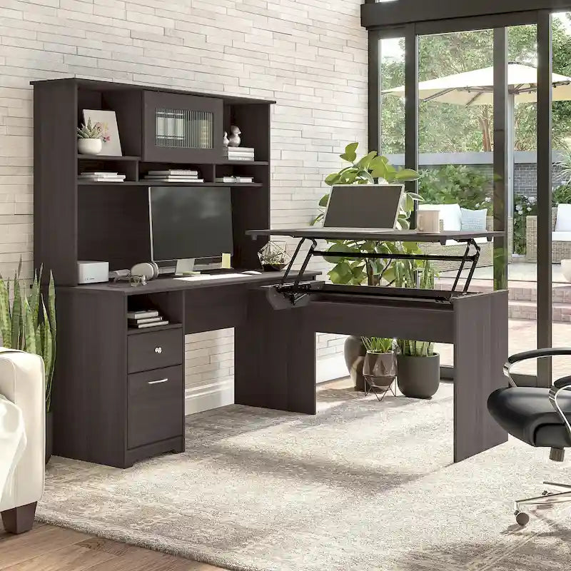 60 L-Shaped Sit-to-Stand Desk with Hutch and File Drawer