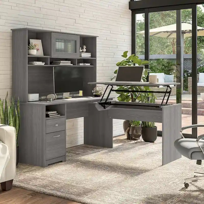 60 L-Shaped Sit-to-Stand Desk with Hutch and File Drawer