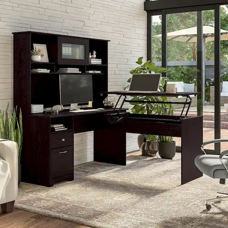 60 L-Shaped Sit-to-Stand Desk with Hutch and File Drawer