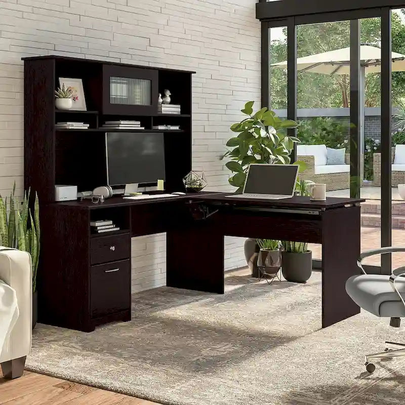 60 L-Shaped Sit-to-Stand Desk with Hutch and File Drawer