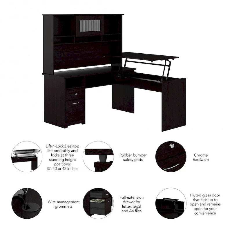 60 L-Shaped Sit-to-Stand Desk with Hutch and File Drawer