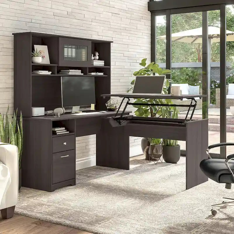 60 L-Shaped Sit-to-Stand Desk with Hutch and File Drawer