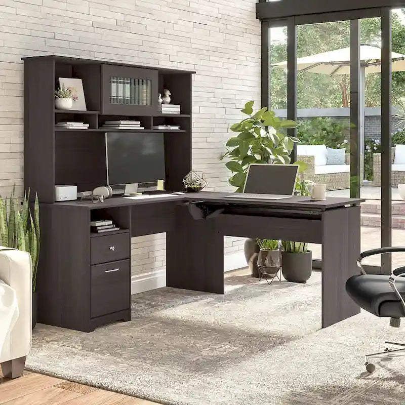 60 L-Shaped Sit-to-Stand Desk with Hutch and File Drawer