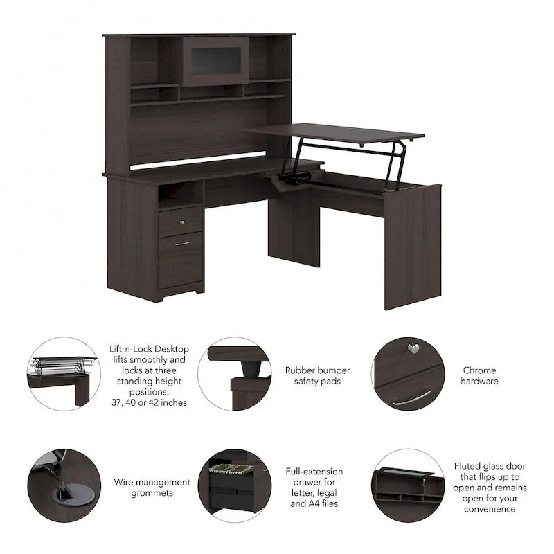 60 L-Shaped Sit-to-Stand Desk with Hutch and File Drawer