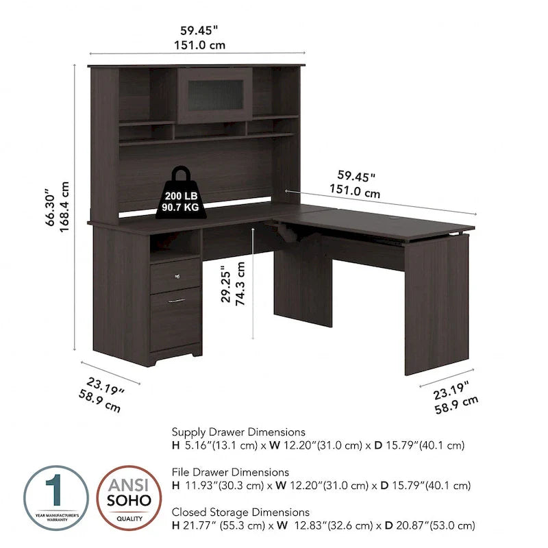 60 L-Shaped Sit-to-Stand Desk with Hutch and File Drawer