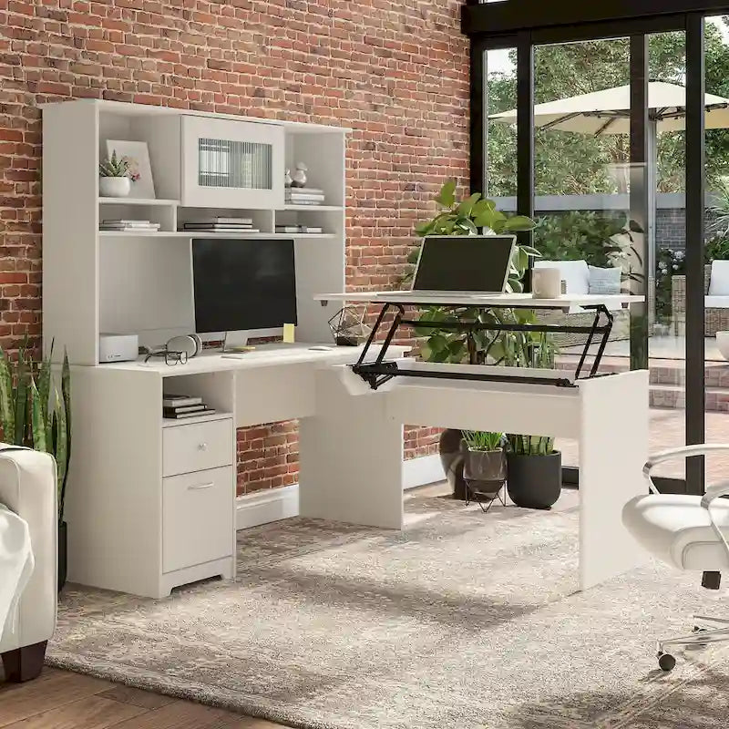 60 L-Shaped Sit-to-Stand Desk with Hutch and File Drawer