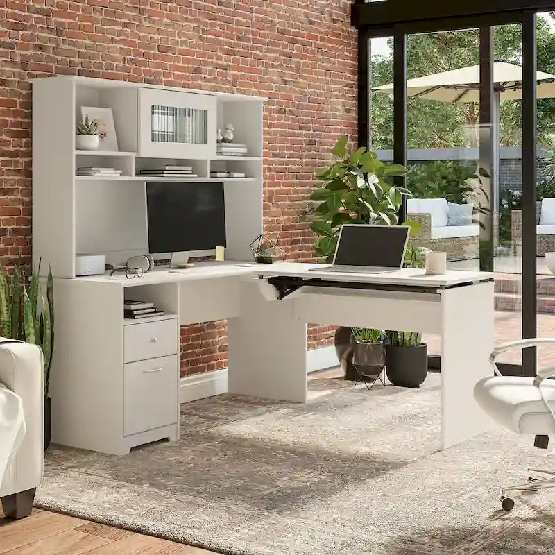 60 L-Shaped Sit-to-Stand Desk with Hutch and File Drawer