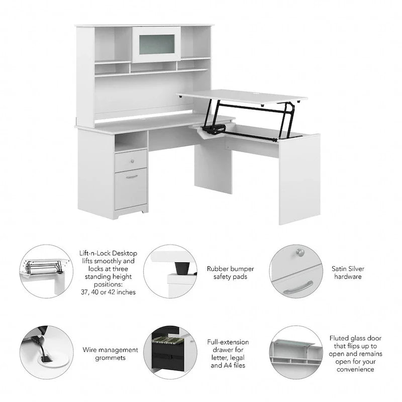 60 L-Shaped Sit-to-Stand Desk with Hutch and File Drawer