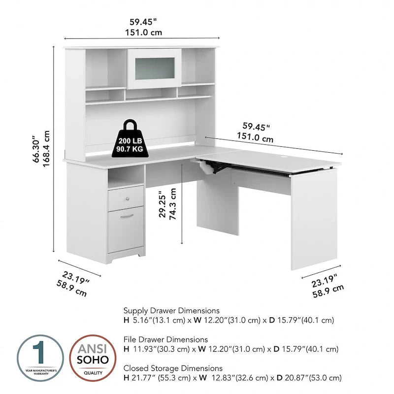 60 L-Shaped Sit-to-Stand Desk with Hutch and File Drawer