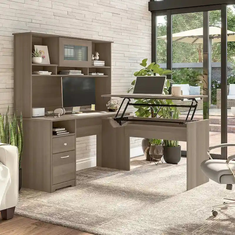 60 L-Shaped Sit-to-Stand Desk with Hutch and File Drawer
