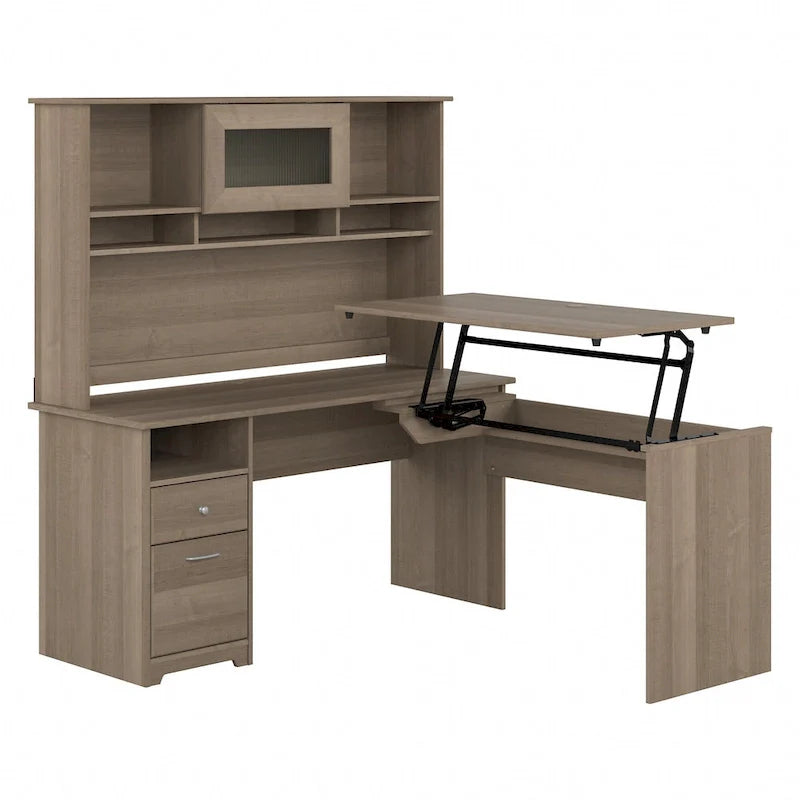 60 L-Shaped Sit-to-Stand Desk with Hutch and File Drawer
