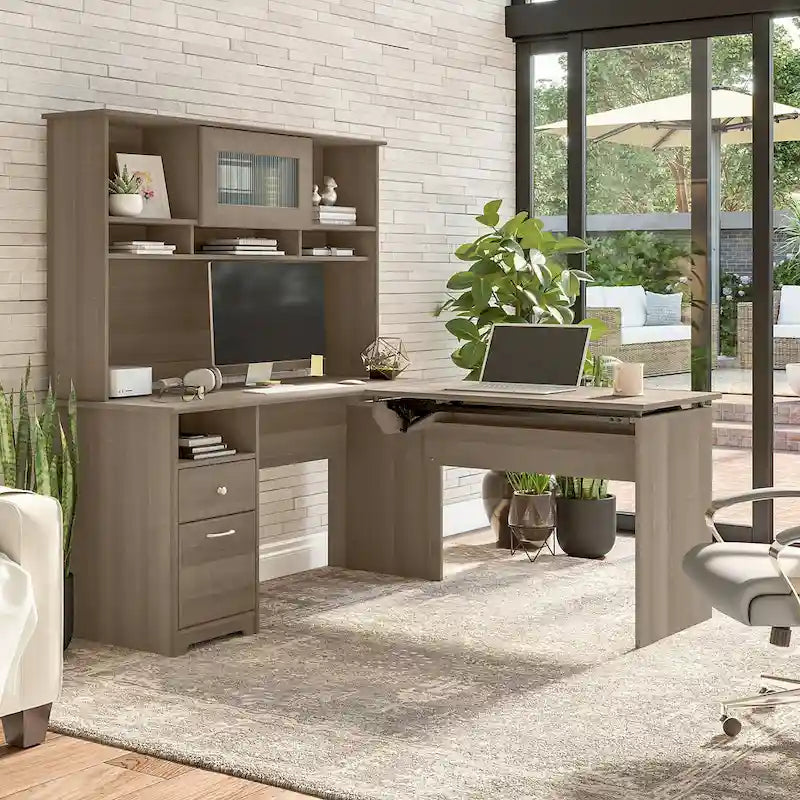 60 L-Shaped Sit-to-Stand Desk with Hutch and File Drawer