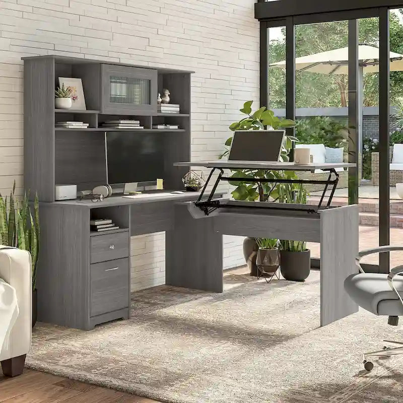 60 L-Shaped Sit-to-Stand Desk with Hutch and File Drawer
