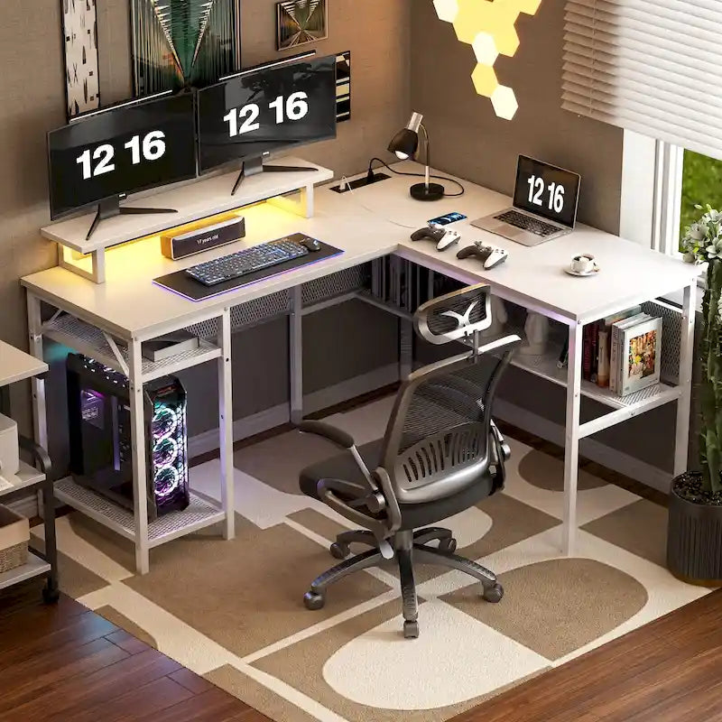 L-Shaped Computer Desk with Power Outlets, RGB LED, and Monitor Stand