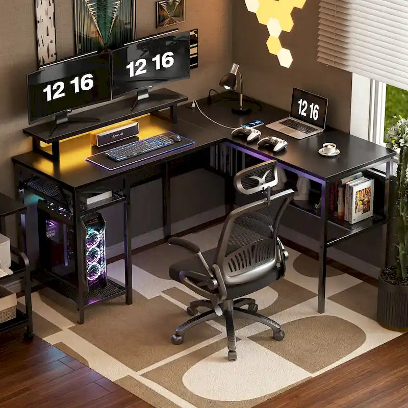 L-Shaped Computer Desk with Power Outlets, RGB LED, and Monitor Stand