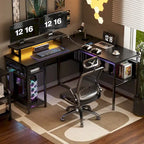 L-Shaped Computer Desk with Power Outlets, RGB LED, and Monitor Stand