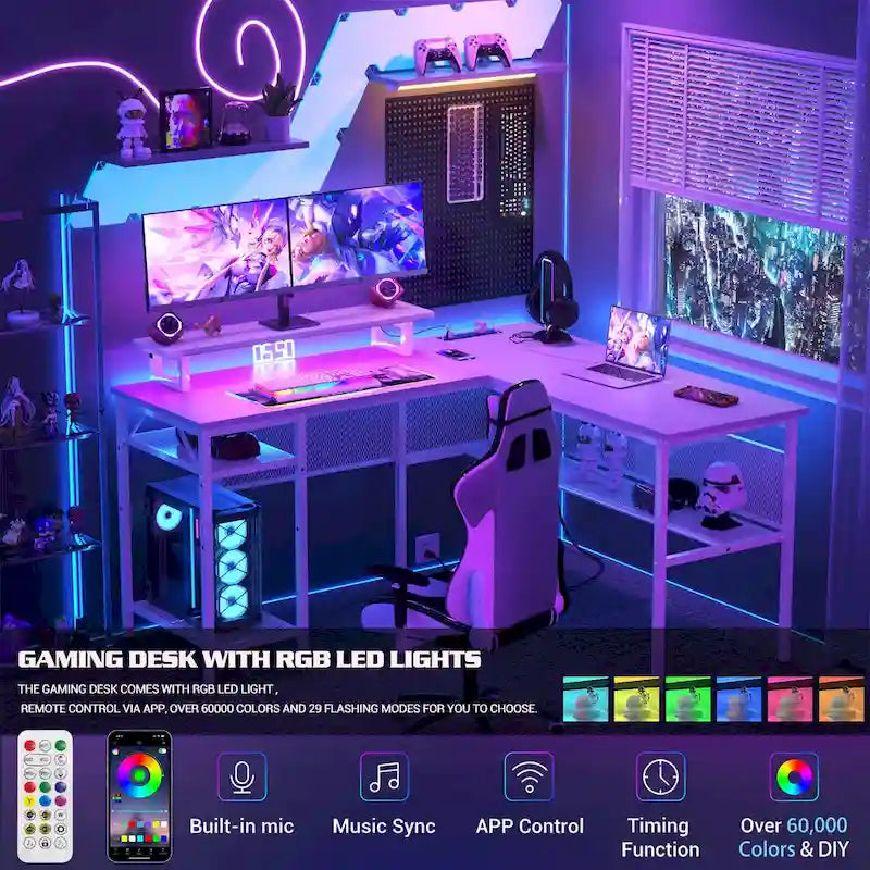 L-Shaped Computer Desk with Power Outlets, RGB LED, and Monitor Stand