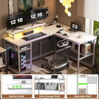 L-Shaped Computer Desk with Power Outlets, RGB LED, and Monitor Stand