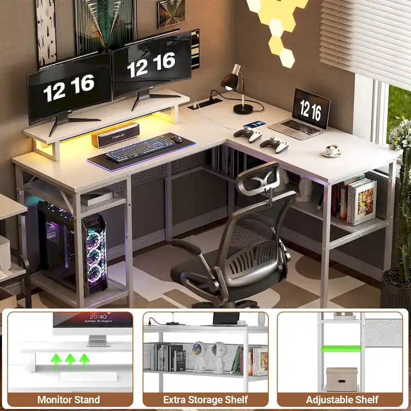 L-Shaped Computer Desk with Power Outlets, RGB LED, and Monitor Stand