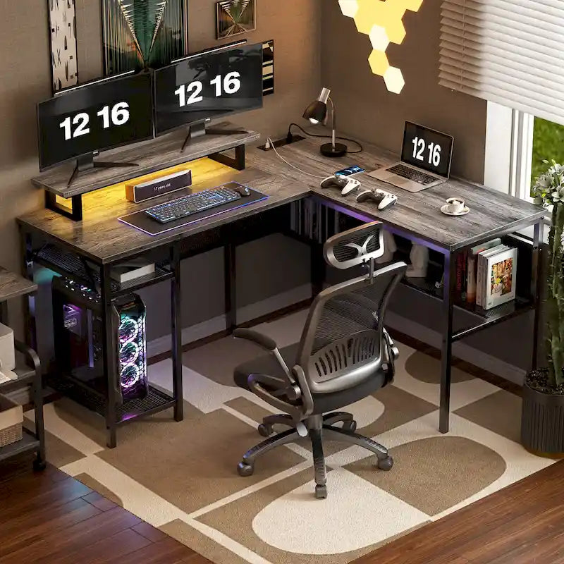 L-Shaped Computer Desk with Power Outlets, RGB LED, and Monitor Stand