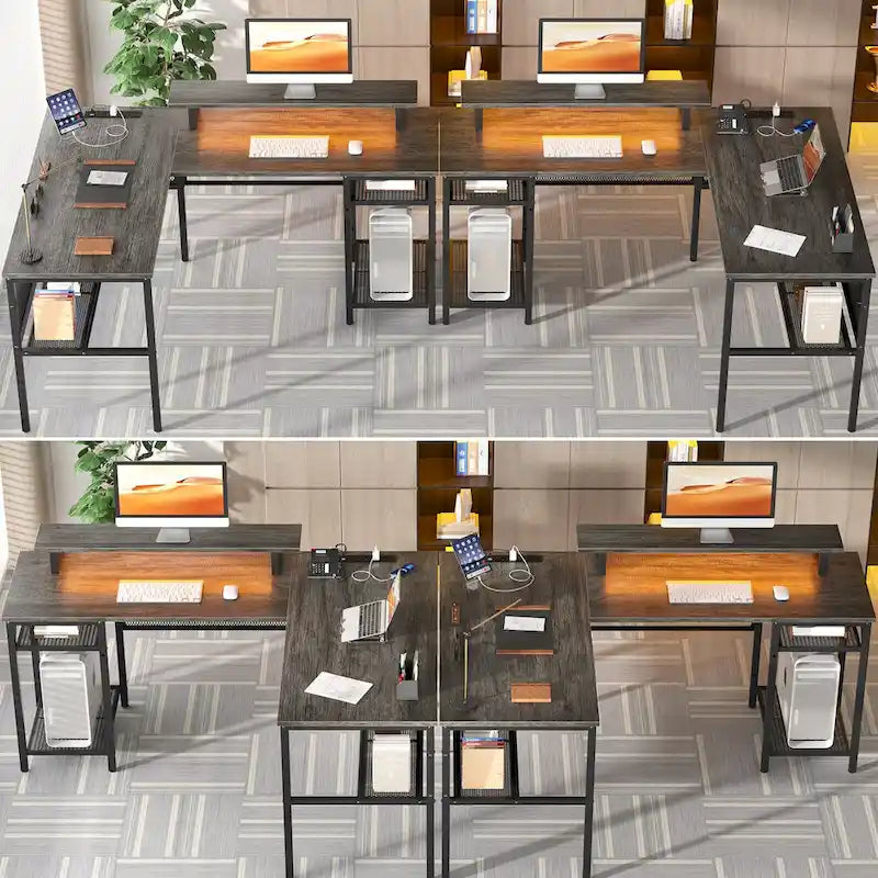 L-Shaped Computer Desk with Power Outlets, RGB LED, and Monitor Stand
