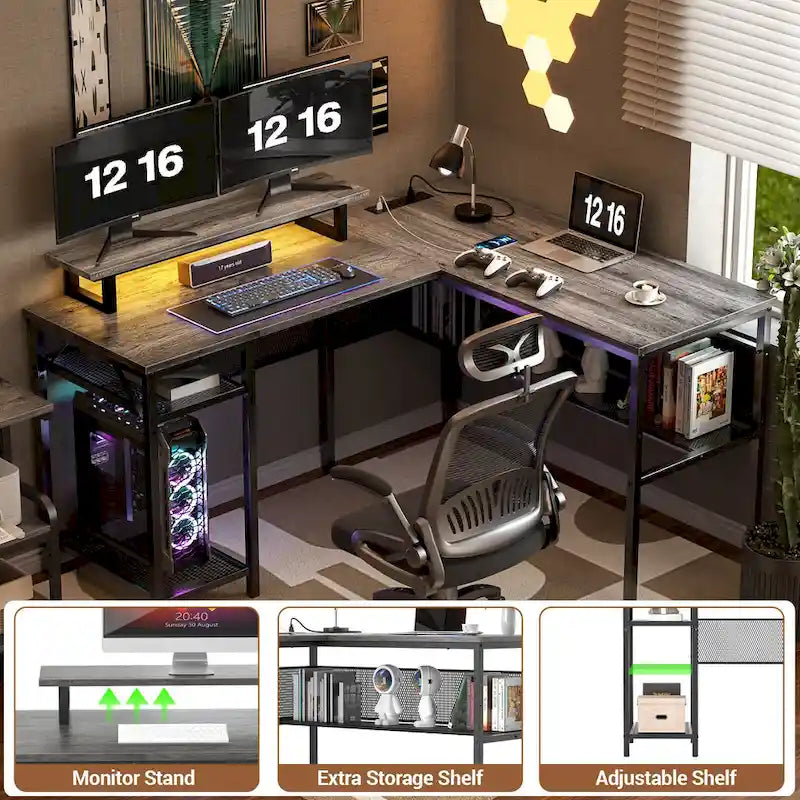 L-Shaped Computer Desk with Power Outlets, RGB LED, and Monitor Stand