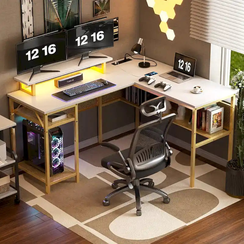 L-Shaped Computer Desk with Power Outlets, RGB LED, and Monitor Stand