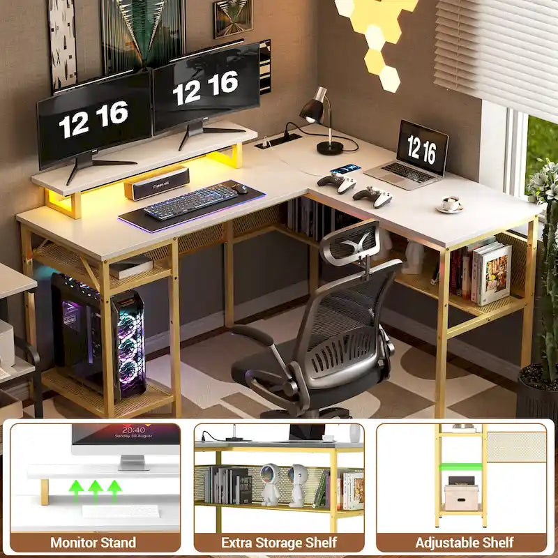 L-Shaped Computer Desk with Power Outlets, RGB LED, and Monitor Stand