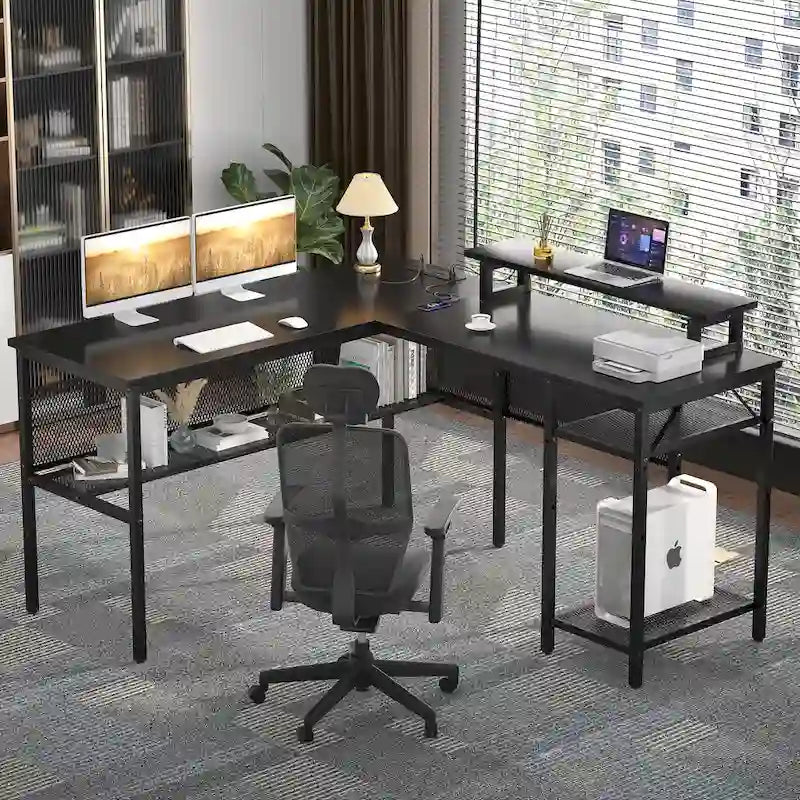 L-Shaped Computer Desk with Power Outlets, RGB LED, and Monitor Stand