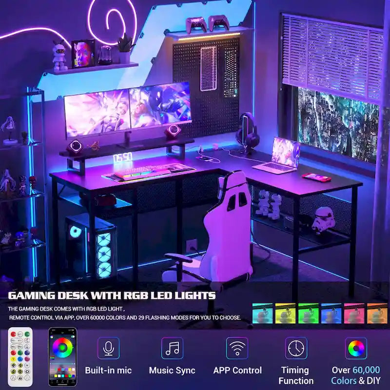 L-Shaped Computer Desk with Power Outlets, RGB LED, and Monitor Stand
