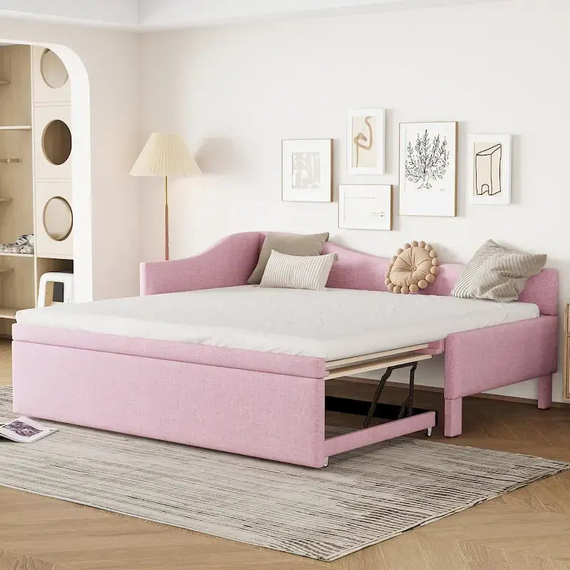Twin Size L-Shaped Upholstered Daybed with Pop-Up Trundle – Pink