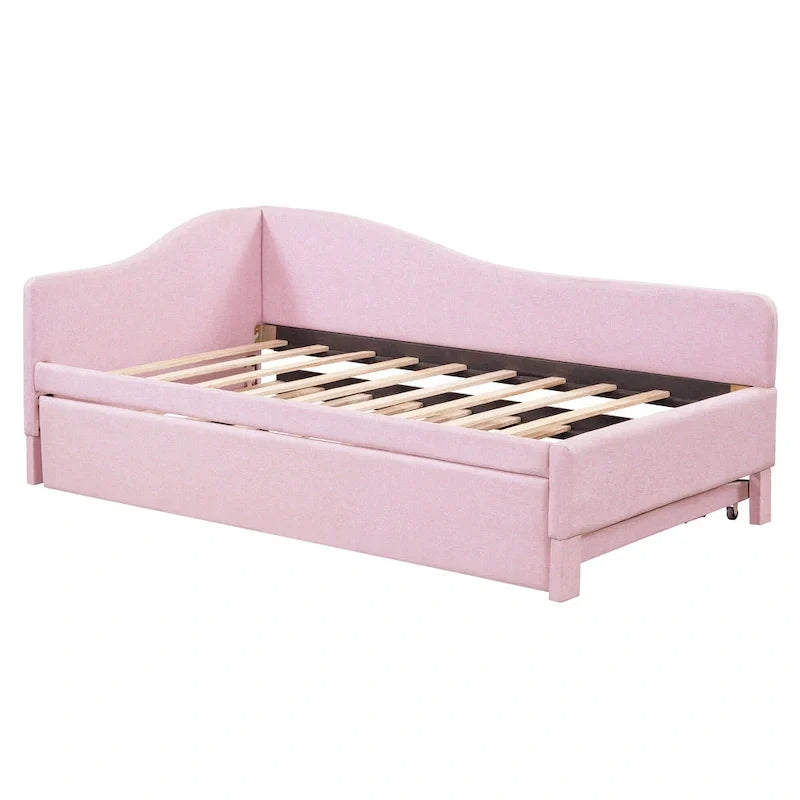 Twin Size L-Shaped Upholstered Daybed with Pop-Up Trundle – Pink