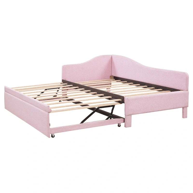 Twin Size L-Shaped Upholstered Daybed with Pop-Up Trundle – Pink