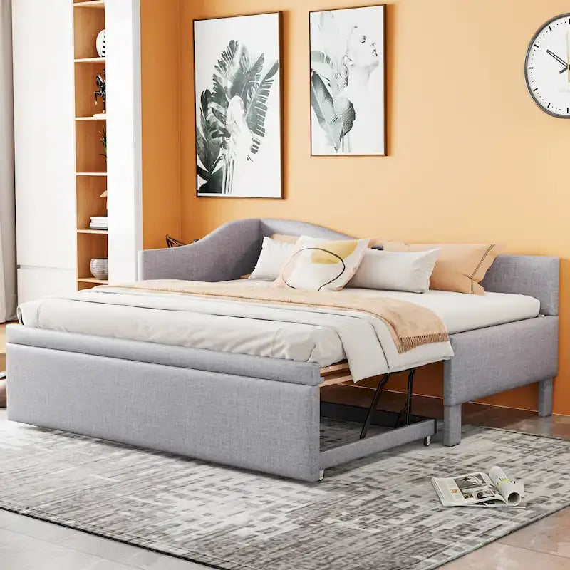 Twin Size L-Shaped Upholstered Daybed with Pop-Up Trundle – Pink