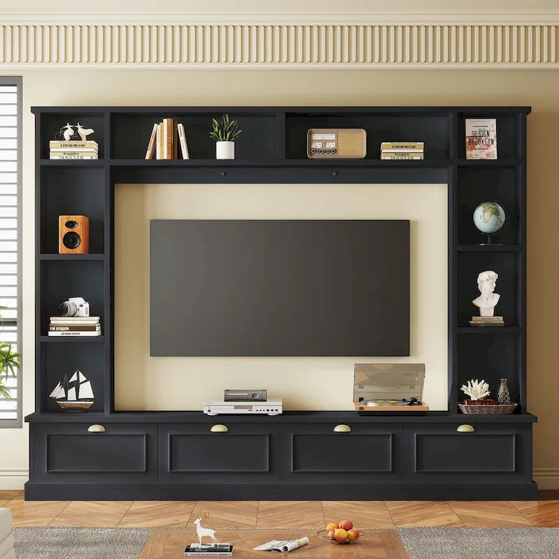 104.2 Wall Unit with TV Stand, Bookshelves, and Cabinets – Black