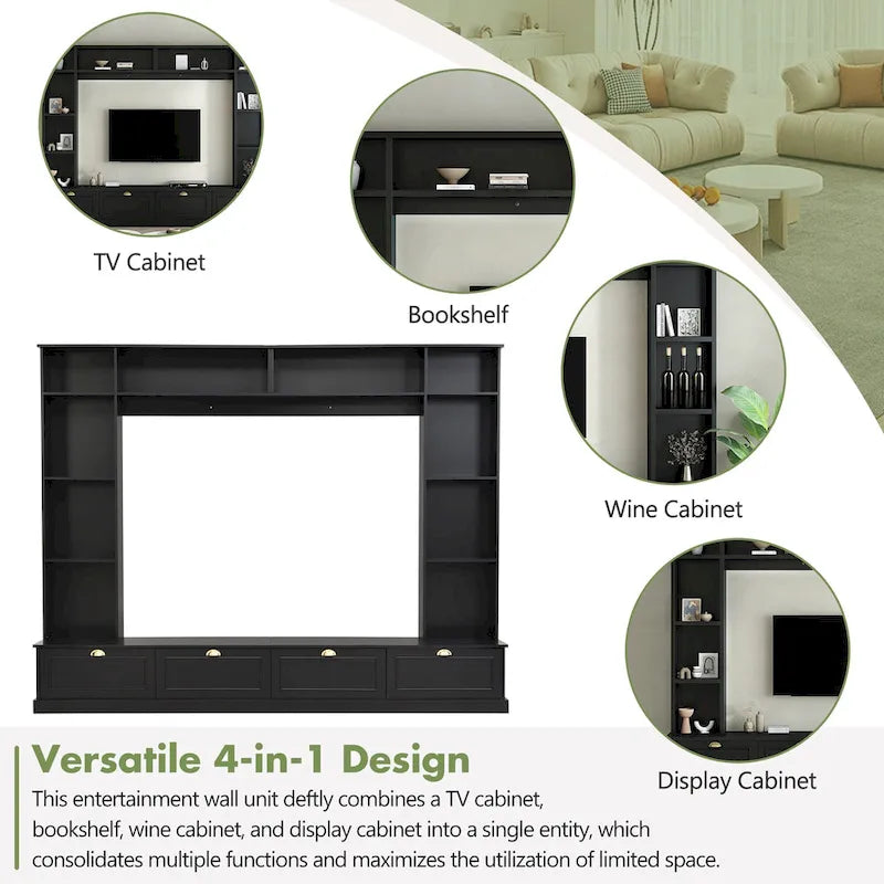 104.2 Wall Unit with TV Stand, Bookshelves, and Cabinets – Black