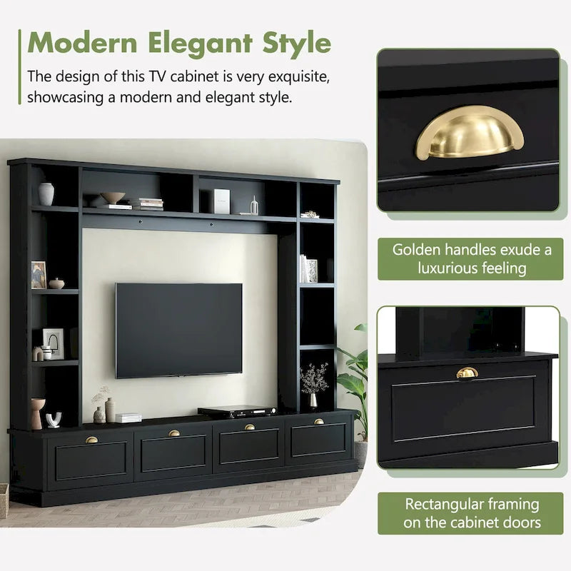 104.2 Wall Unit with TV Stand, Bookshelves, and Cabinets – Black