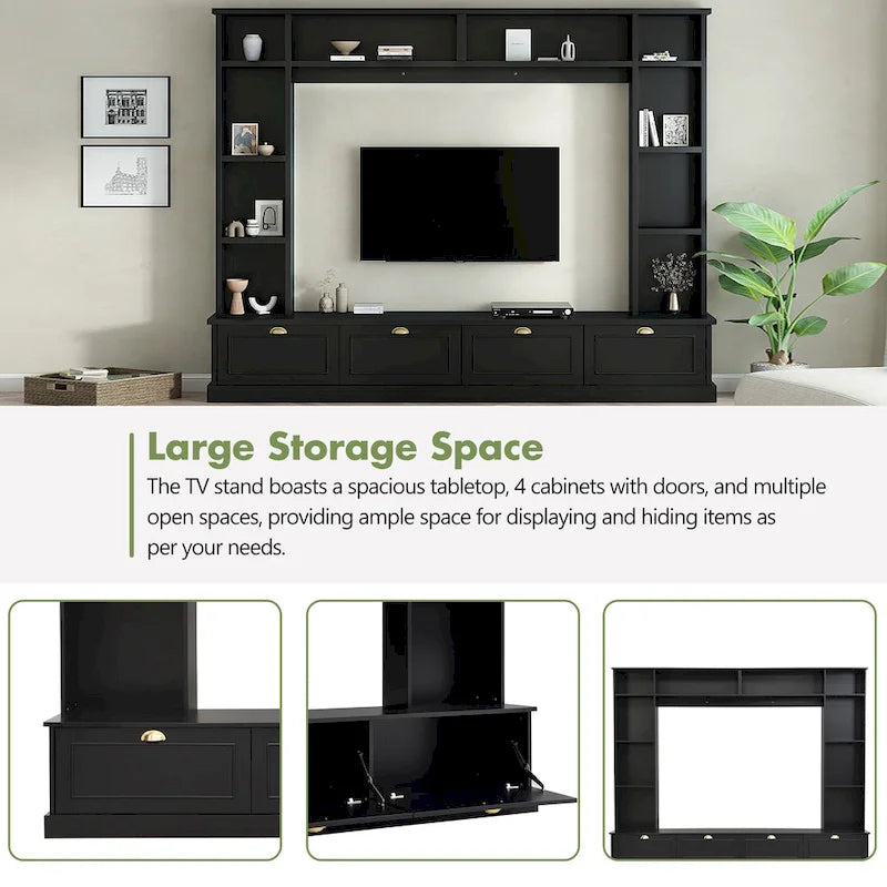 104.2 Wall Unit with TV Stand, Bookshelves, and Cabinets – Black