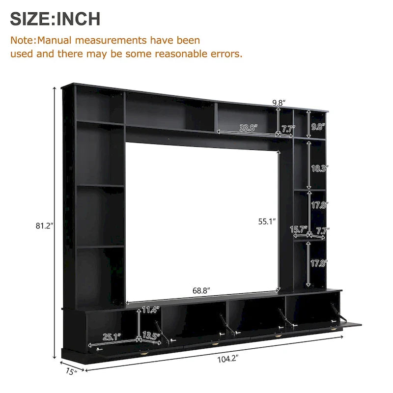 104.2 Wall Unit with TV Stand, Bookshelves, and Cabinets – Black