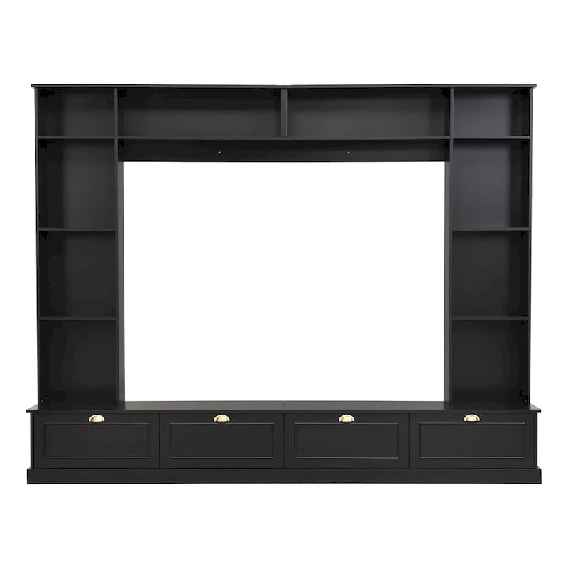 104.2 Wall Unit with TV Stand, Bookshelves, and Cabinets – Black